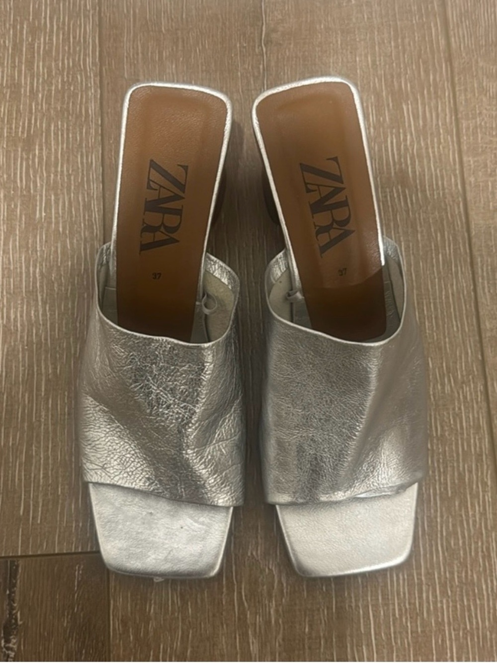 Zara Metallic Silver Leather Square-Toe Slide Mules